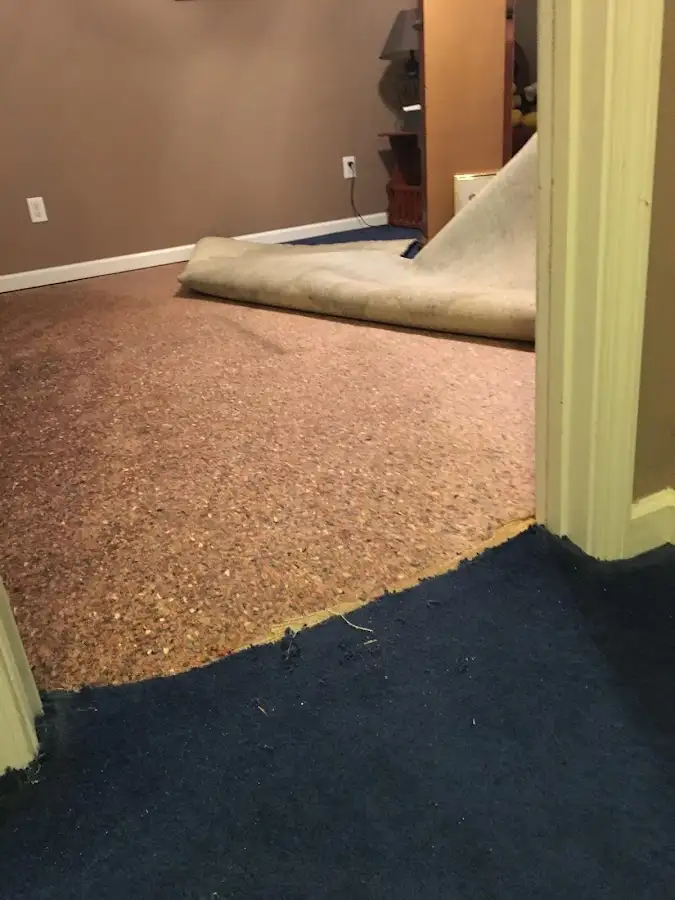 Carpet pad removal revealing water damage during Drying & Dehumidification in Waveland